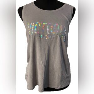 Victoria Sport Keyholes Back tank top Athletic Shiny Graphic On Front sz S Gray